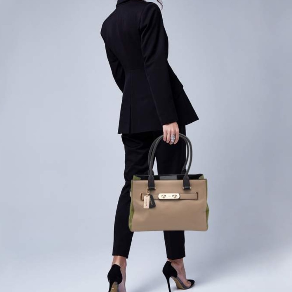 Coach Beige and Olive Green Leather Tote with Black Handles